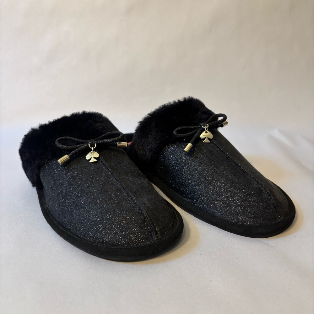 Kate Spade Black Faux Fur Glitter Slippers Size 9B - Picture 3 of 12